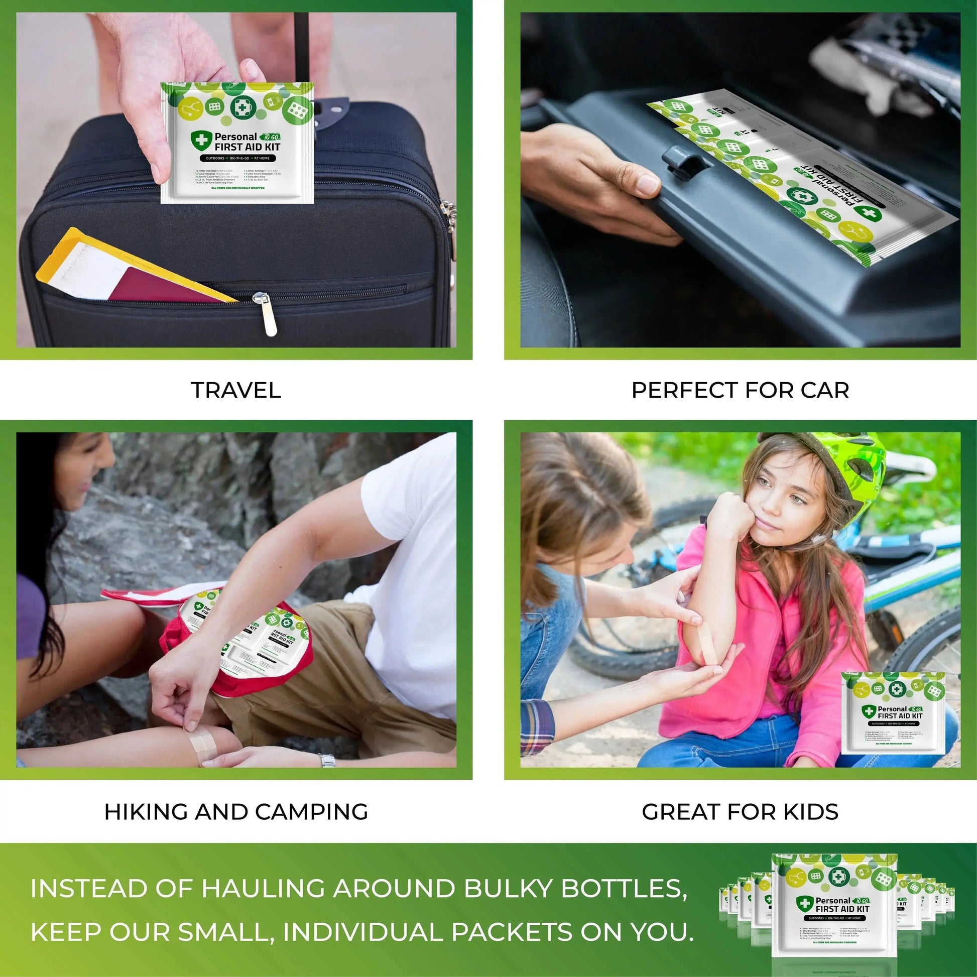 Green Mini First Aid Kit shown for travel, car use, hiking, and kids—compact and easy to carry for everyday safety.