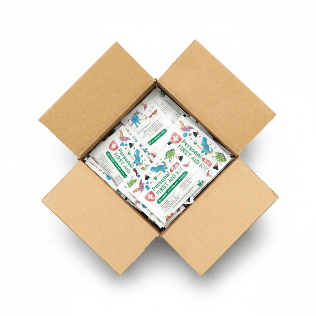 Case of Dinosaurs Mini First Aid Kits featuring colorful dinosaur illustrations on a compact, resealable travel pouch for kids and families.