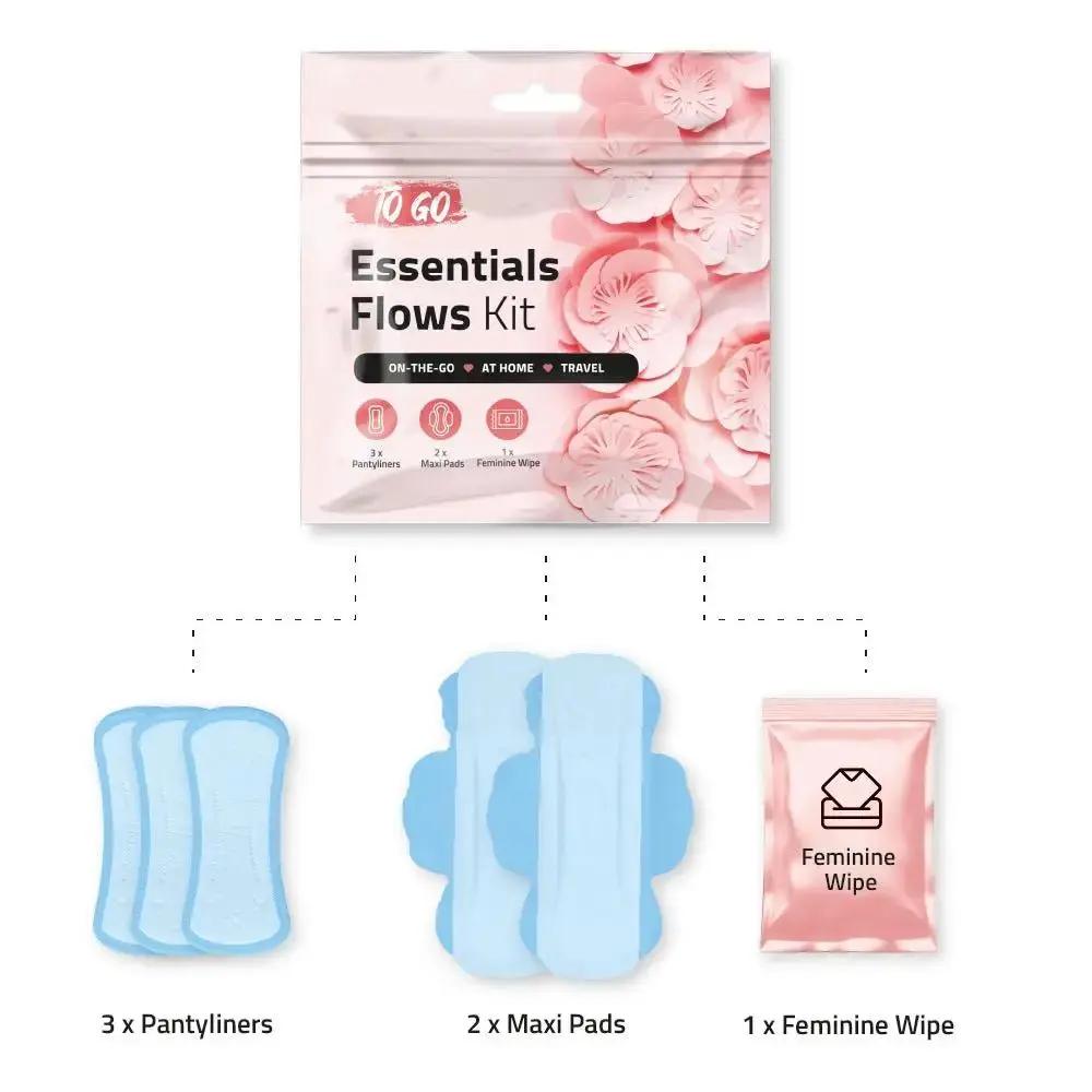 Pink Essential Flows Kit with 3 pantyliners, 2 maxi pads, and 1 feminine wipe for light flow care