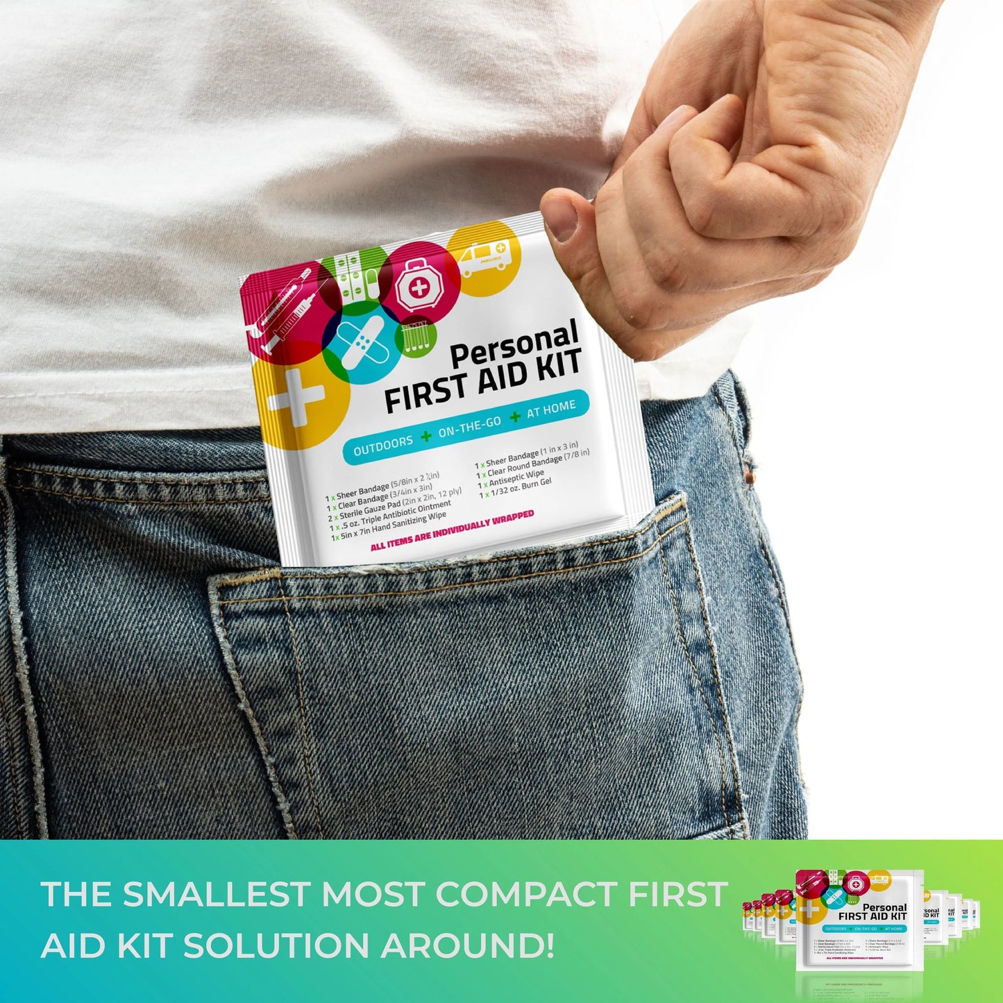Man putting mini first aid kit into his back pocket showing its size