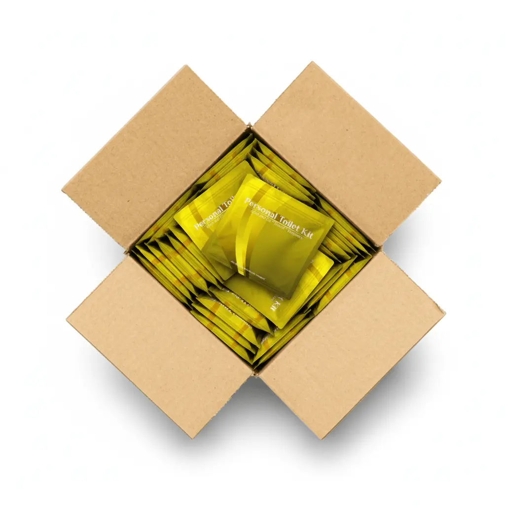 Case of Gold Toilet Kits – compact personal hygiene pack featuring a sleek gold resealable pouch labeled ‘Personal Toilet Kit,’ ideal for travel, work, or outdoor use.
