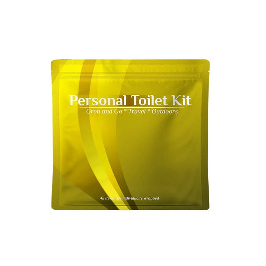 Gold Toilet Kit – compact personal hygiene pack featuring a sleek gold resealable pouch labeled ‘Personal Toilet Kit,’ ideal for travel, work, or outdoor use.