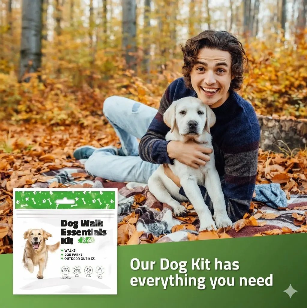Smiling man sitting outdoors with his dog beside the Green Dog Walking Essentials Kit — promotes easy, fun, and clean walks for pet owners.