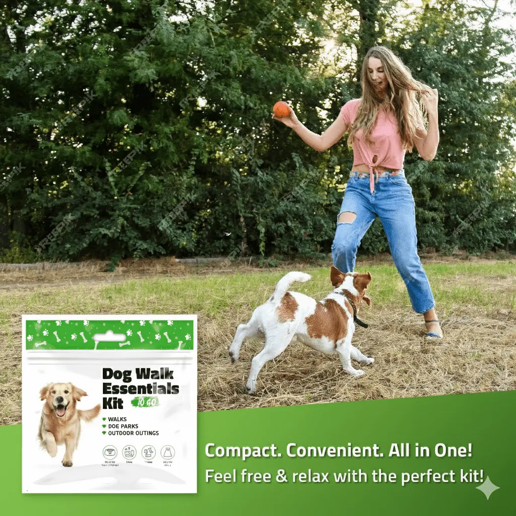 Woman playing fetch with her dog outdoors next to the Green Dog Walking Essentials Kit — compact and convenient kit for fun, clean, and stress-free walks.