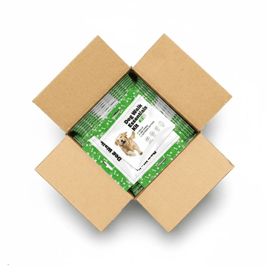 Bulk display of Green Dog Walking Essentials Kits arranged in organized packaging — ideal for wholesale orders and high-volume distribution.
