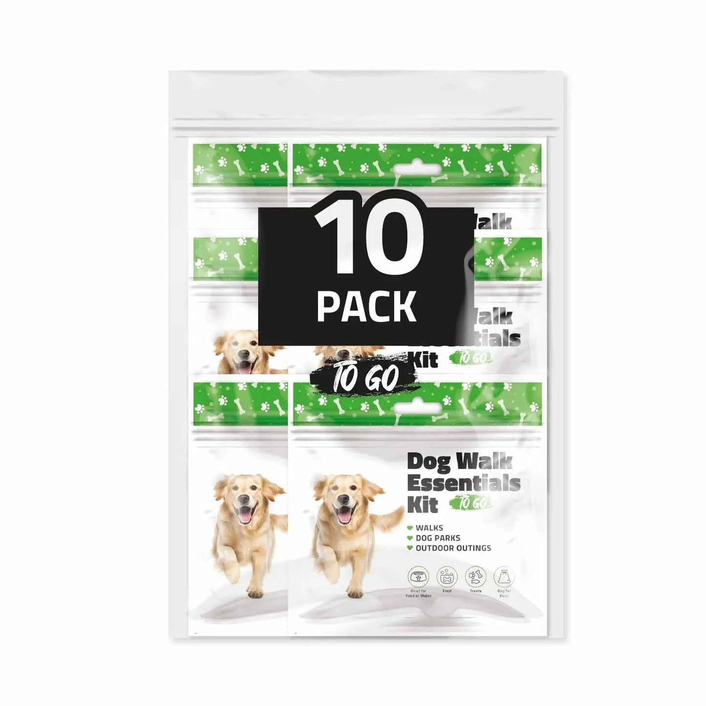Ten-pack of Green Dog Walking Essentials Kits arranged neatly — perfect for pet owners who want multiple ready-to-go kits for travel and outings.