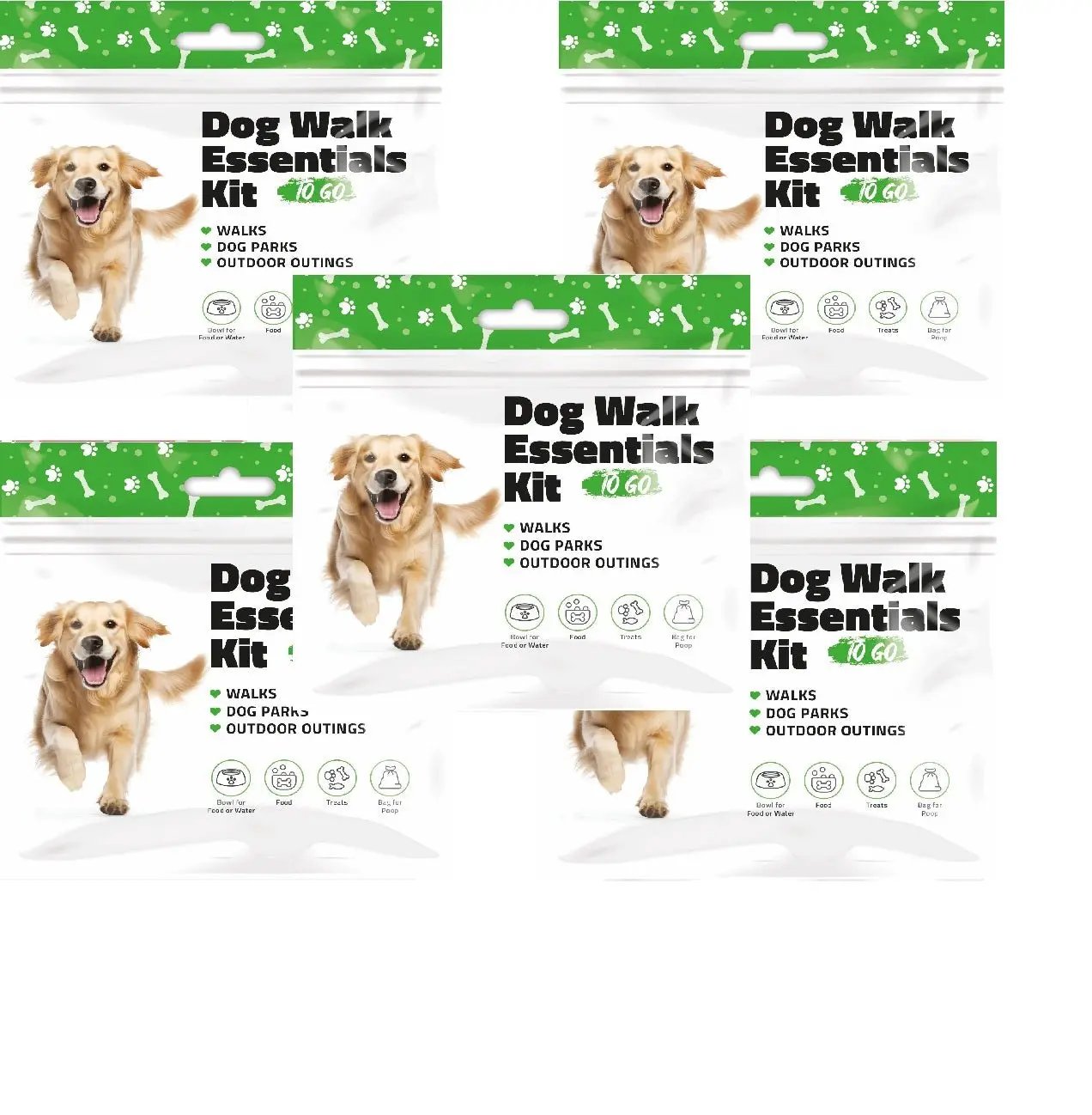Five-pack of Green Dog Walking Essentials Kits arranged neatly — perfect for pet owners who want multiple ready-to-go kits for travel and outings.