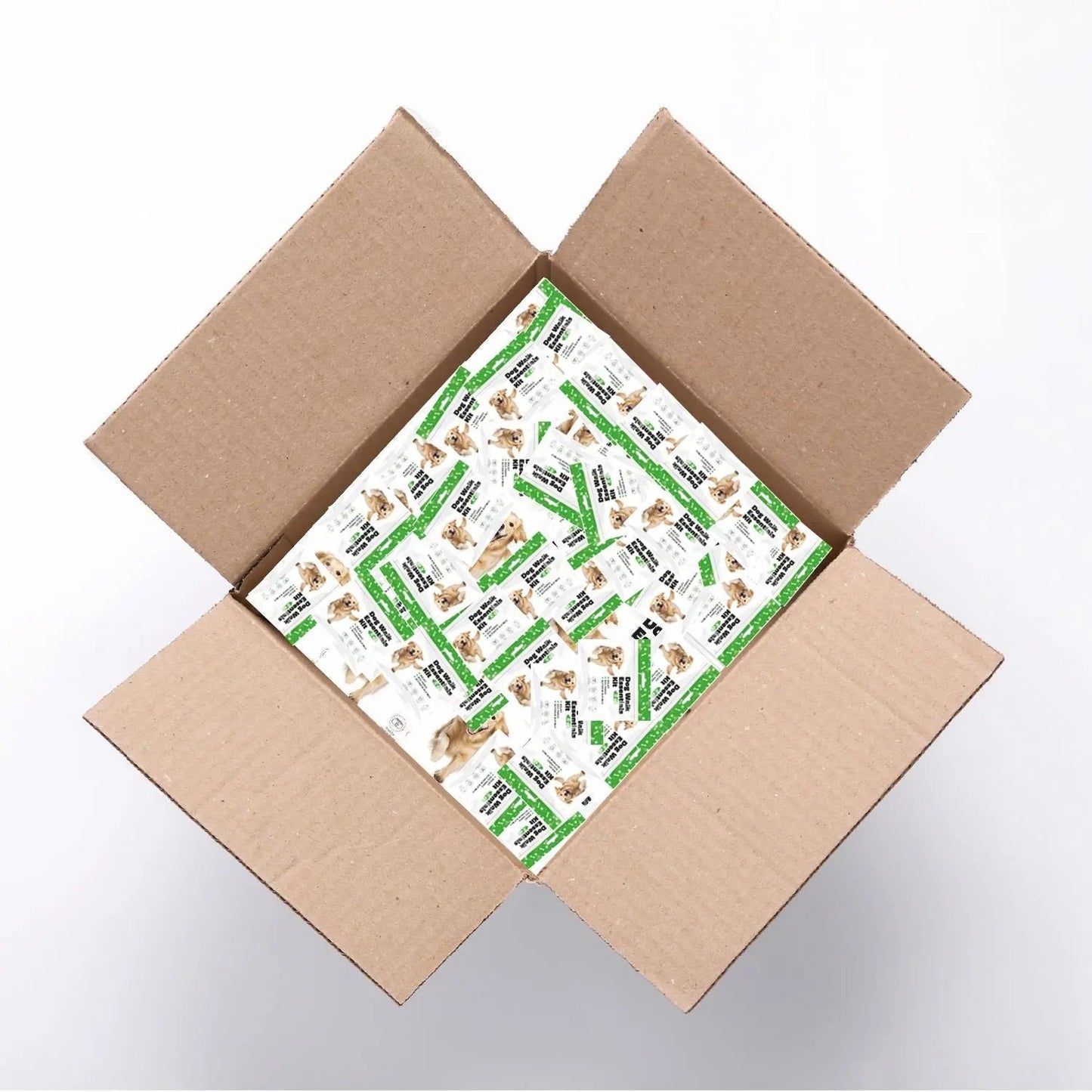 Open box filled with Green Dog Walking Essentials Kits ready for shipment — bulk packaging for stores, shelters, or community distribution.