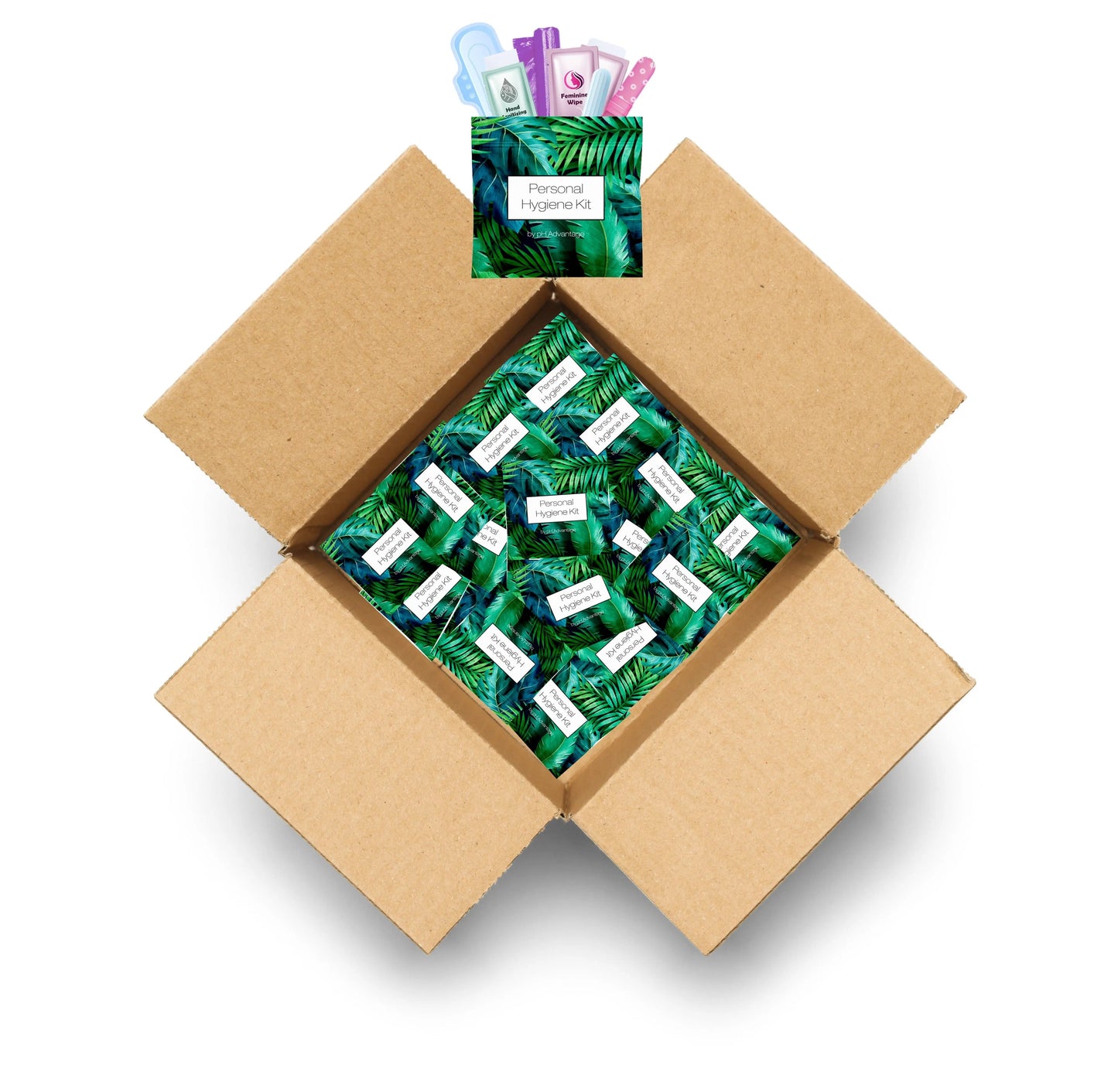 Case of Green Ferns Feminine Hygiene Kits shown in a box
