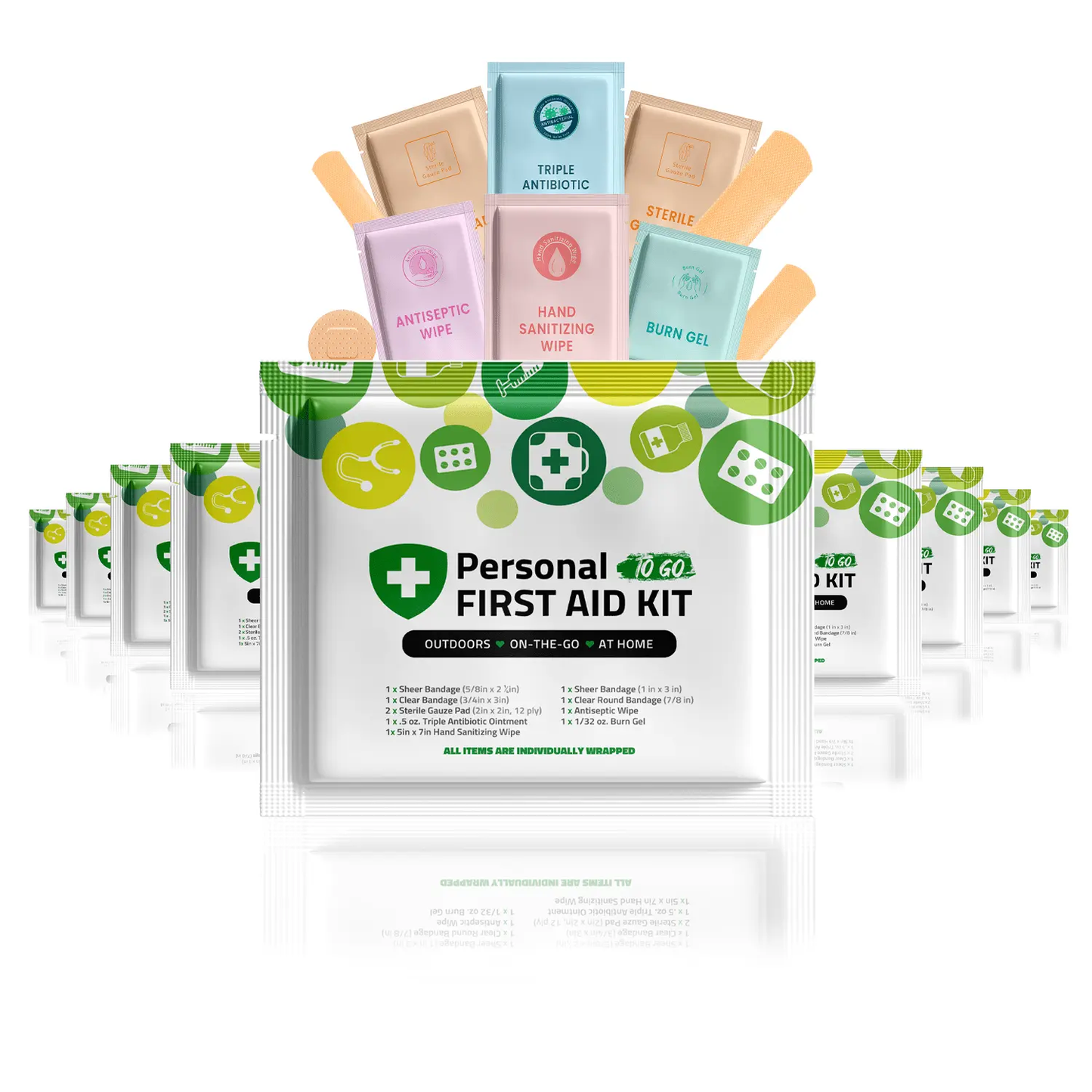 Ten Green Mini First Aid Kits labeled “Personal To Go” with icons of medical supplies, designed for outdoor, travel, and home use.