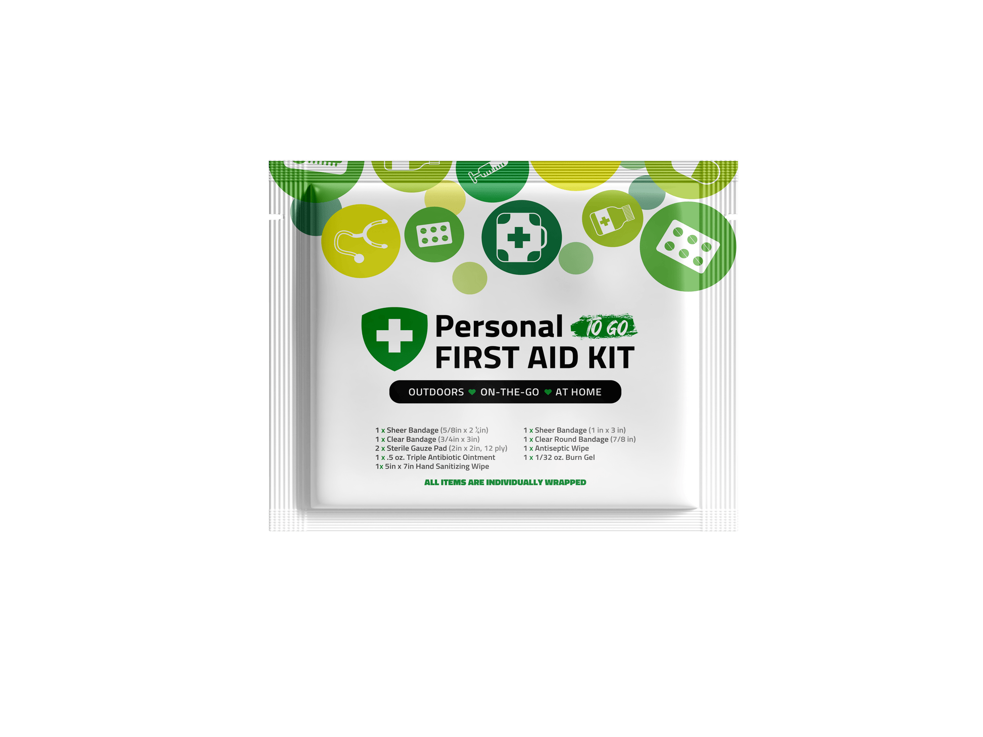 Green Mini First Aid Kit labeled “Personal To Go” with icons of medical supplies, designed for outdoor, travel, and home use.