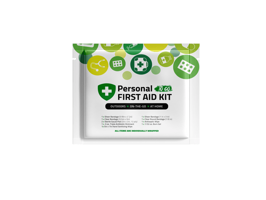 Green Mini First Aid Kit labeled “Personal To Go” with icons of medical supplies, designed for outdoor, travel, and home use.