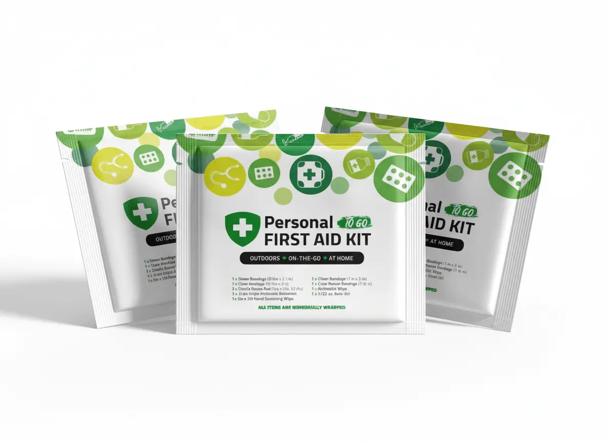 Three Green Mini First Aid Kits labeled “Personal To Go” with icons of medical supplies, designed for outdoor, travel, and home use.