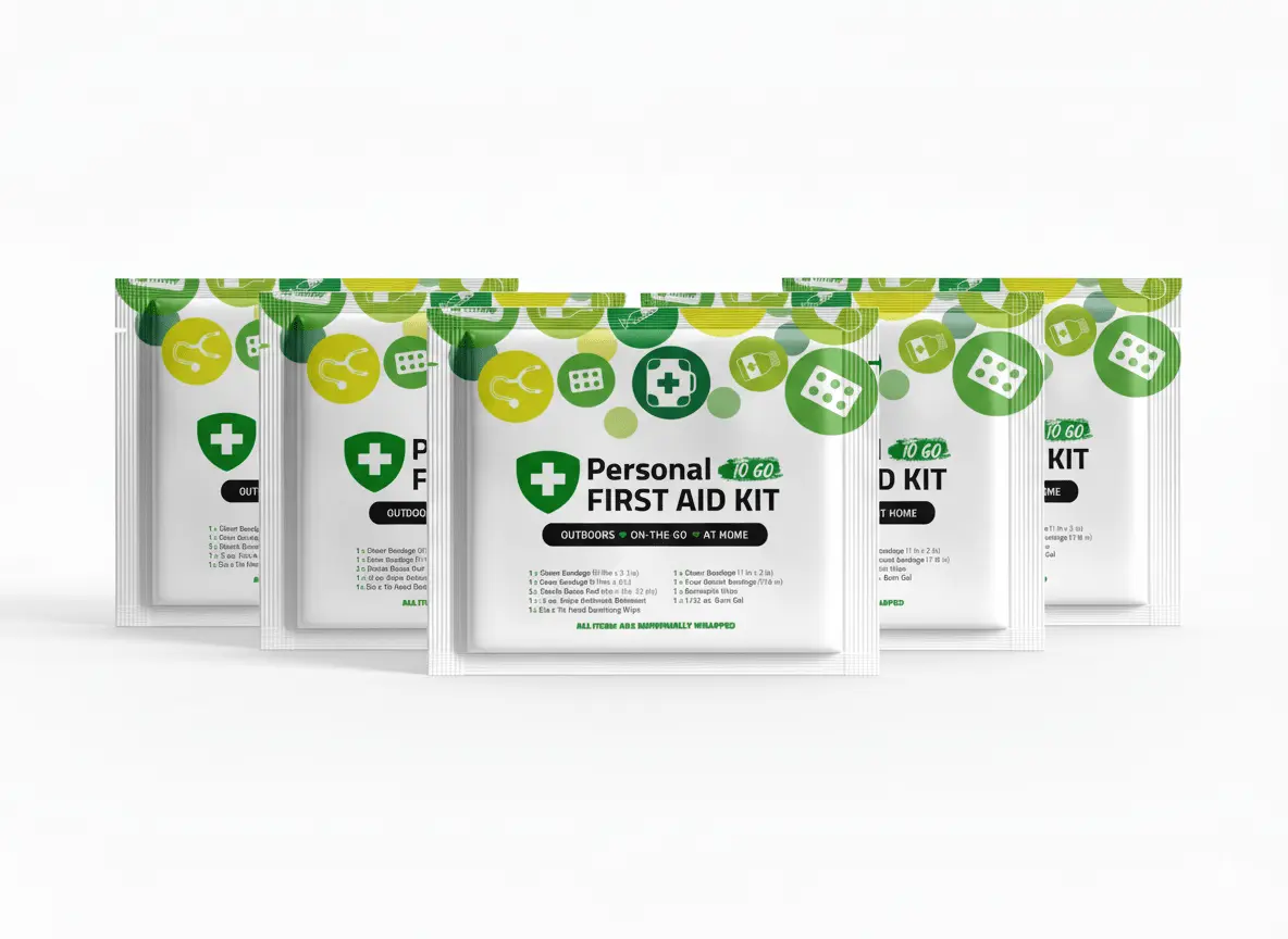 Five Green Mini First Aid Kits labeled “Personal To Go” with icons of medical supplies, designed for outdoor, travel, and home use.
