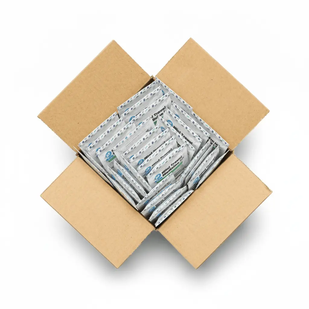 Case of Green Mini Travel Medicine Kits To Go showing compact packaging with green travel icons and labeled contents — includes ibuprofen, buffered aspirin, digestive relief, and antacid chewable tablets.