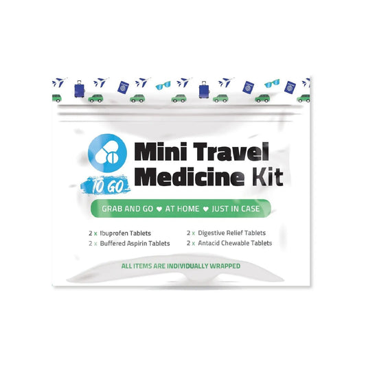 Front view of Green Mini Travel Medicine Kit To Go showing compact packaging with green travel icons and labeled contents — includes ibuprofen, buffered aspirin, digestive relief, and antacid chewable tablets.