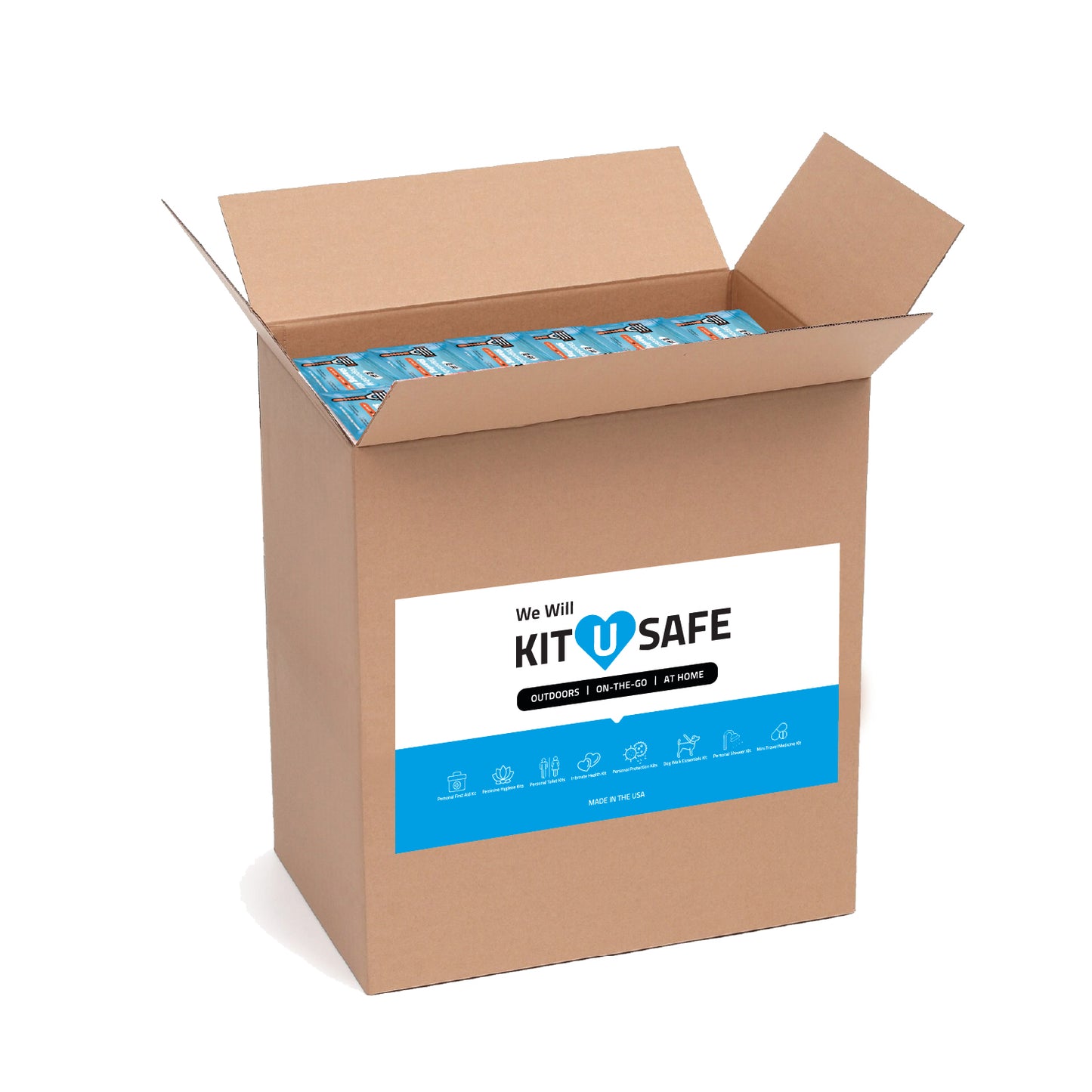 Case of 100 Blue Shaving Kits packaging with razor graphic and travel-friendly design