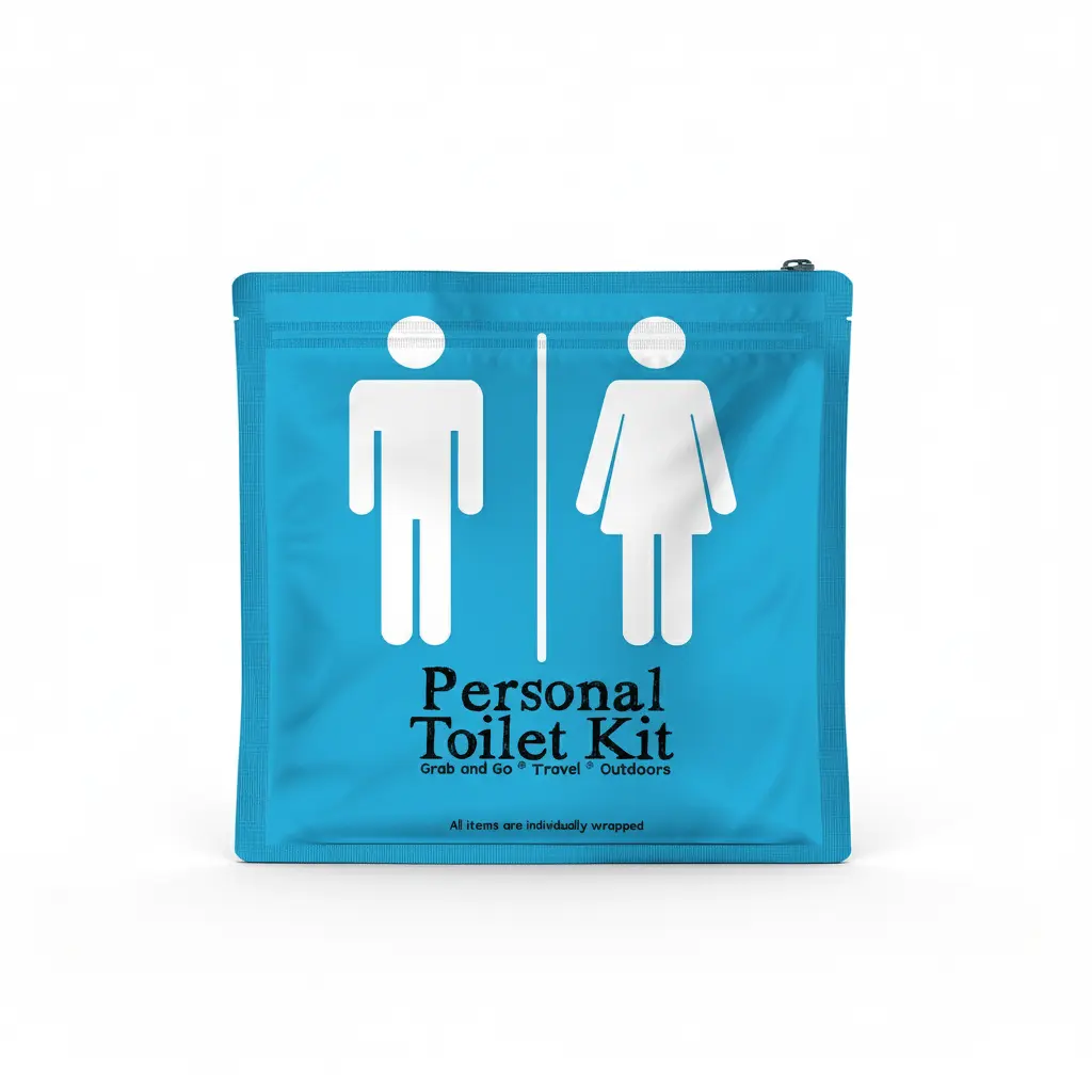 Light Blue Toilet Kit in a resealable travel pouch labeled “Personal Toilet Kit” with male and female restroom icons, designed for hygiene and cleanliness on the go