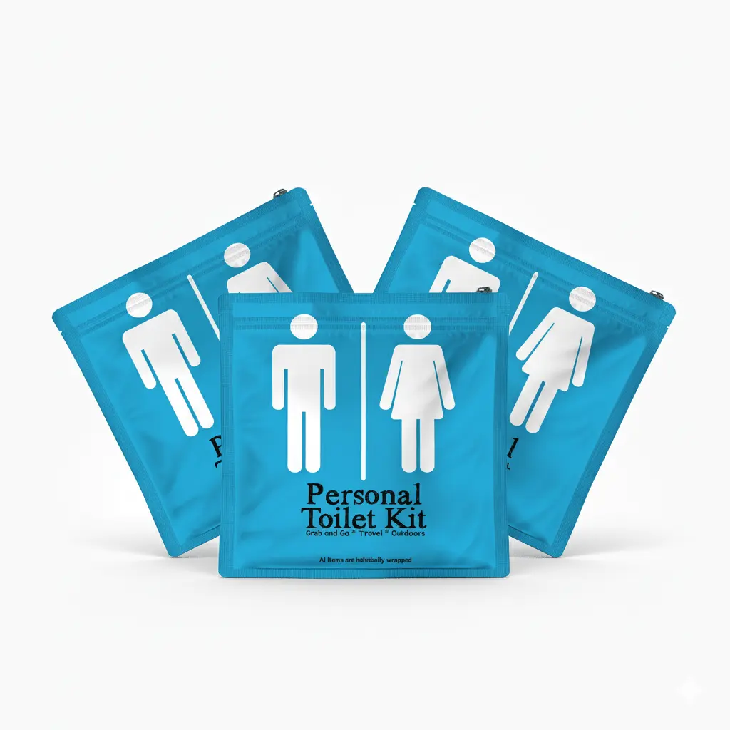 Three Light Blue Toilet Kits in a resealable travel pouch labeled “Personal Toilet Kit” with male and female restroom icons, designed for hygiene and cleanliness on the go