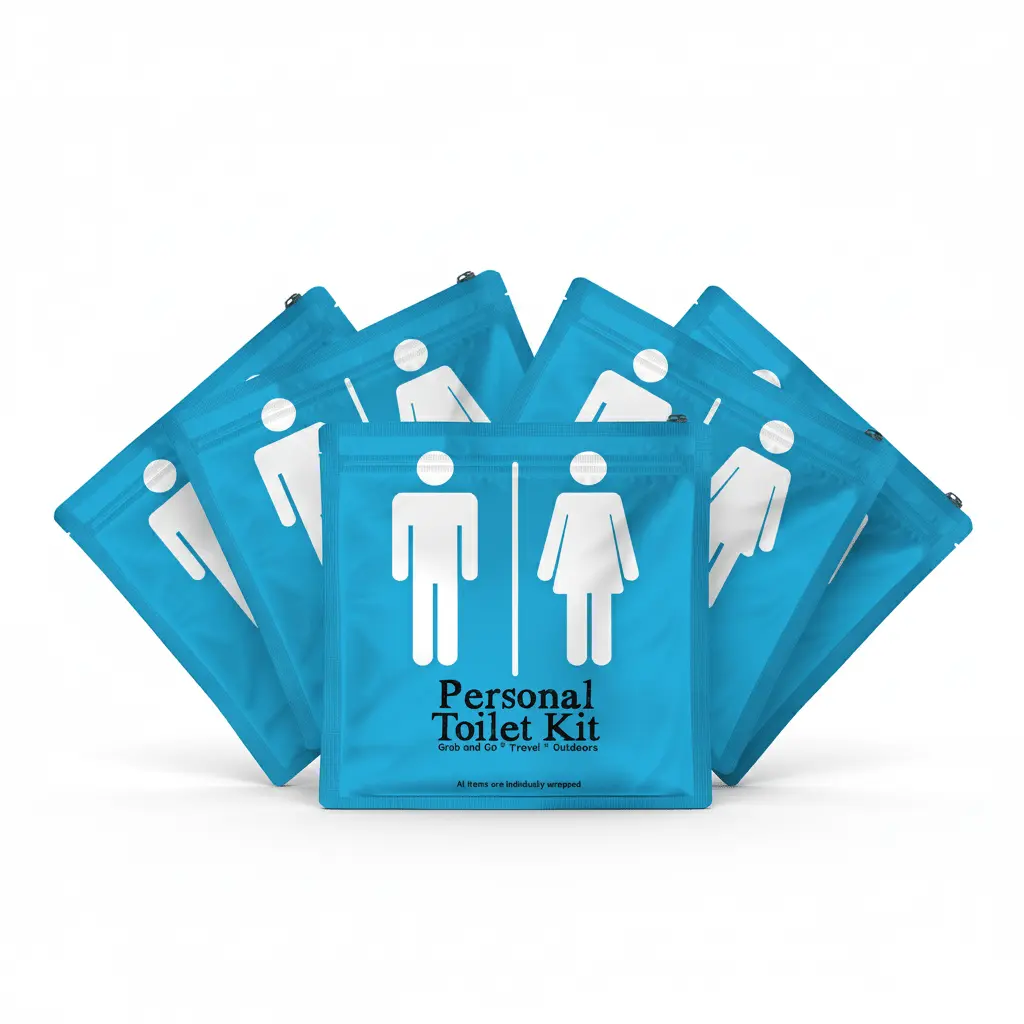 Five Light Blue Toilet Kits in a resealable travel pouch labeled “Personal Toilet Kit” with male and female restroom icons, designed for hygiene and cleanliness on the go