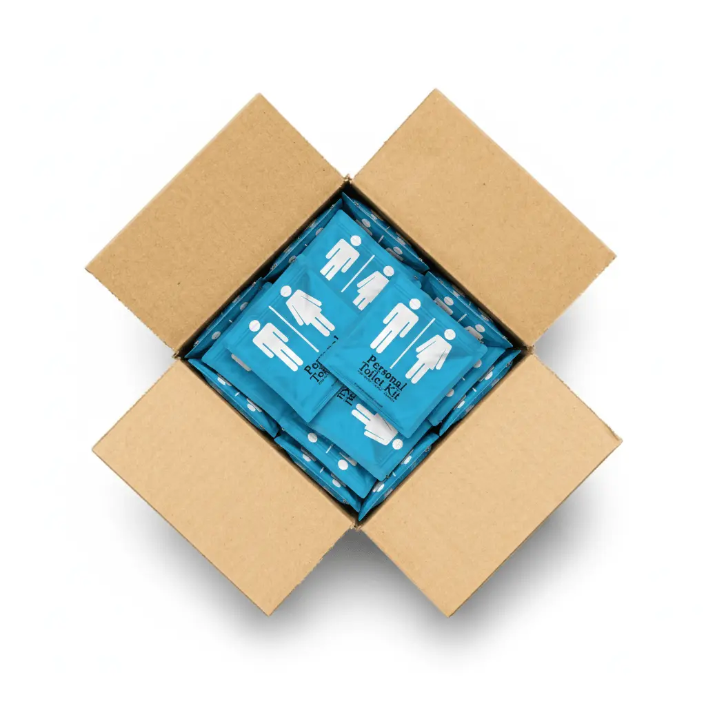 Case of Light Blue Toilet Kits in a resealable travel pouch labeled “Personal Toilet Kit” with male and female restroom icons, designed for hygiene and cleanliness on the go