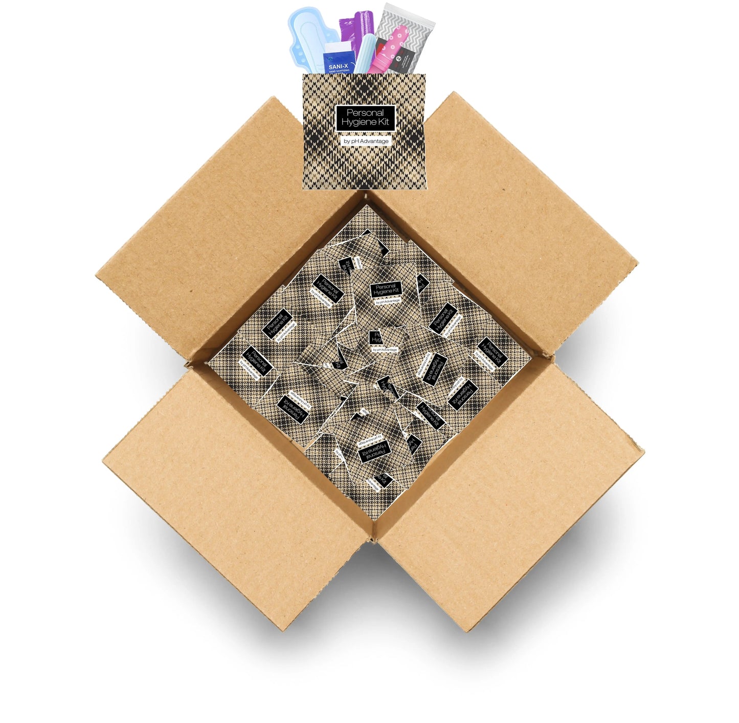 Case of Light Leather Feminine Hygiene Kits by pH Advantage containing pad, tampon, feminine wipes, and hand sanitizing wipe in a beige patterned pouch