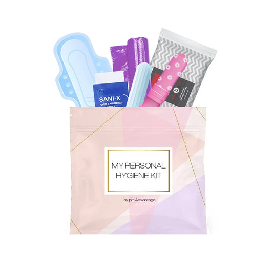 Light Rose Feminine Hygiene Kit with pad, tampon, feminine wipes, and hand sanitizing wipe in a stylish resealable pouch.