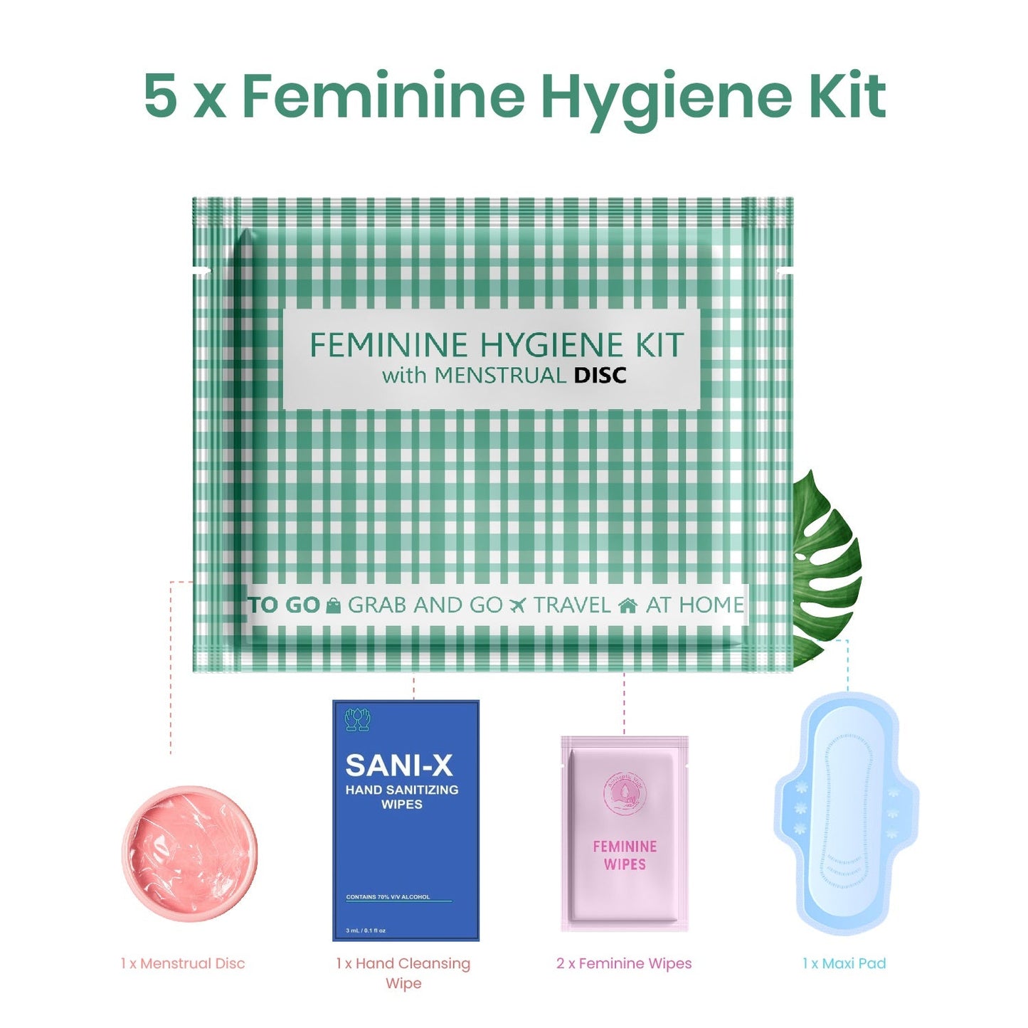 Menstrual Disc Kit with Pad, Wipes & Hand Sanitizer – Compact Period Essentials On the Go (Green Plaid)