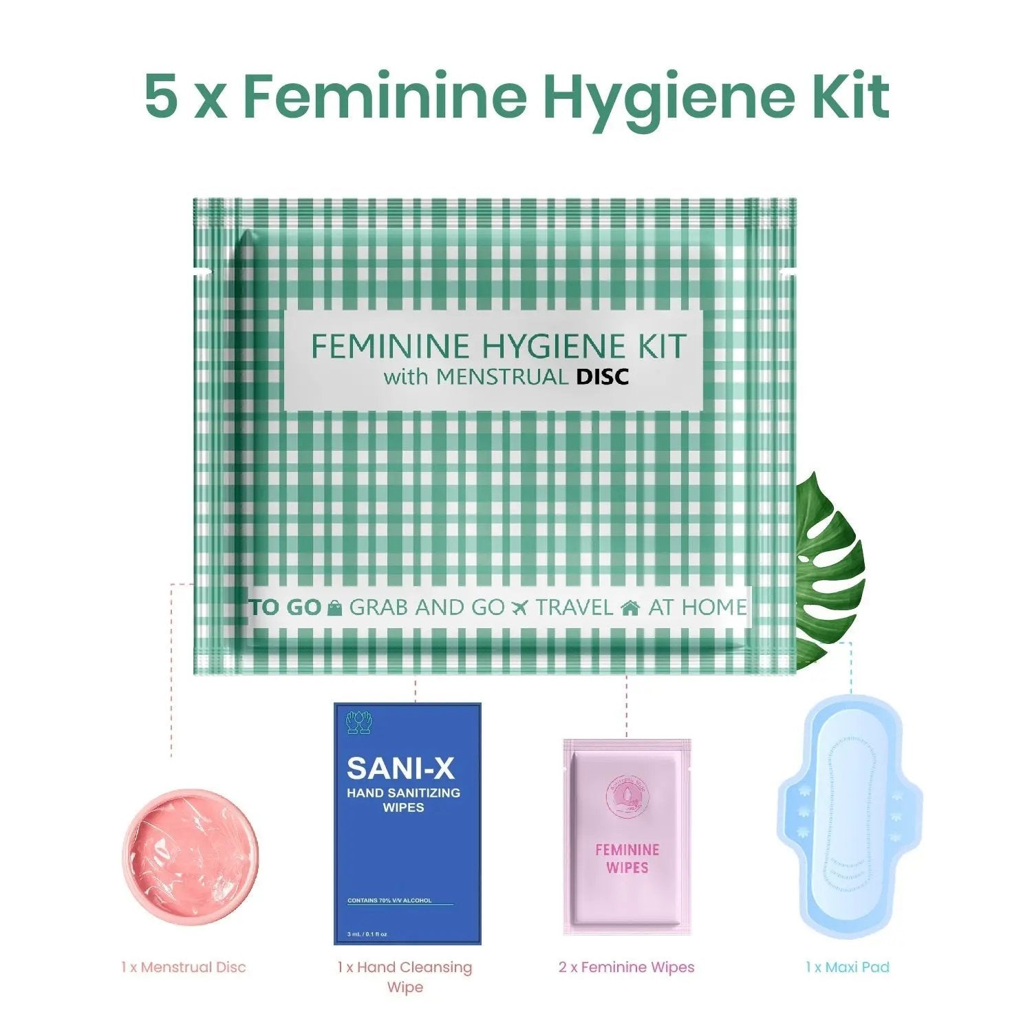 Contents of the Menstrual Disc Kit shown—menstrual disc, sanitary pad, feminine wipes, and alcohol hand wipe.