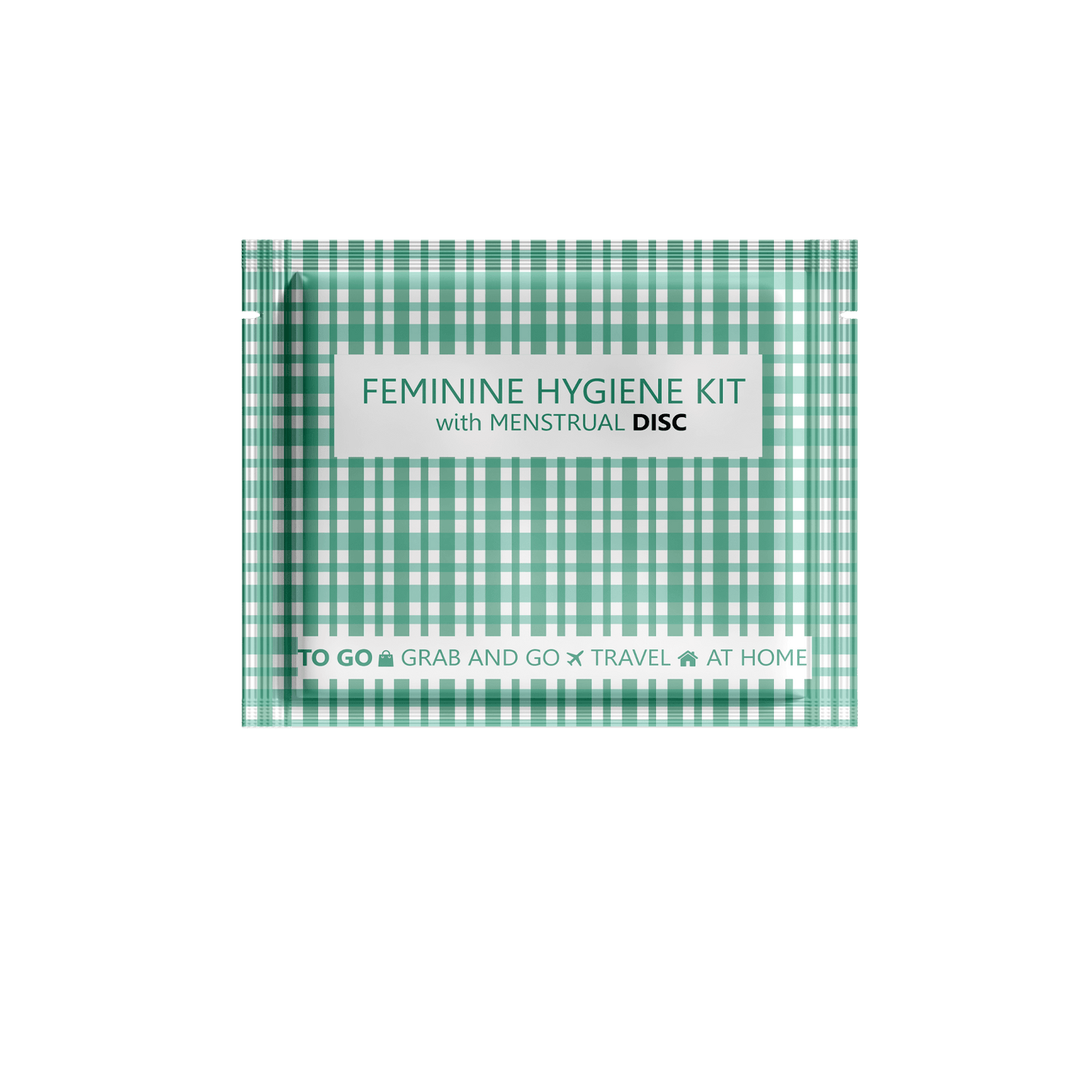 Single Menstrual Disc Kit package with bold purple checkered design labeled Feminine Hygiene Kit with Menstrual Disc.