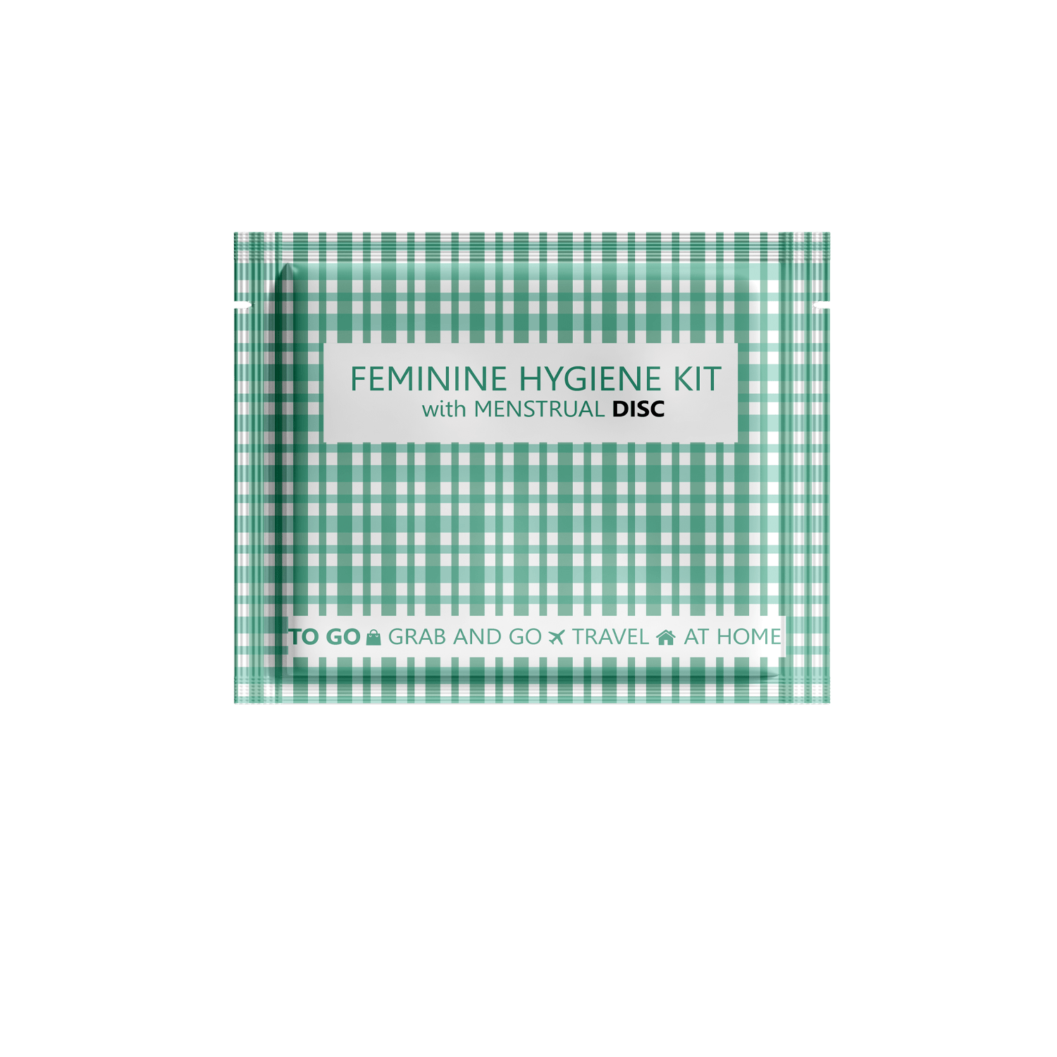 Single Menstrual Disc Kit package with bold purple checkered design labeled Feminine Hygiene Kit with Menstrual Disc.