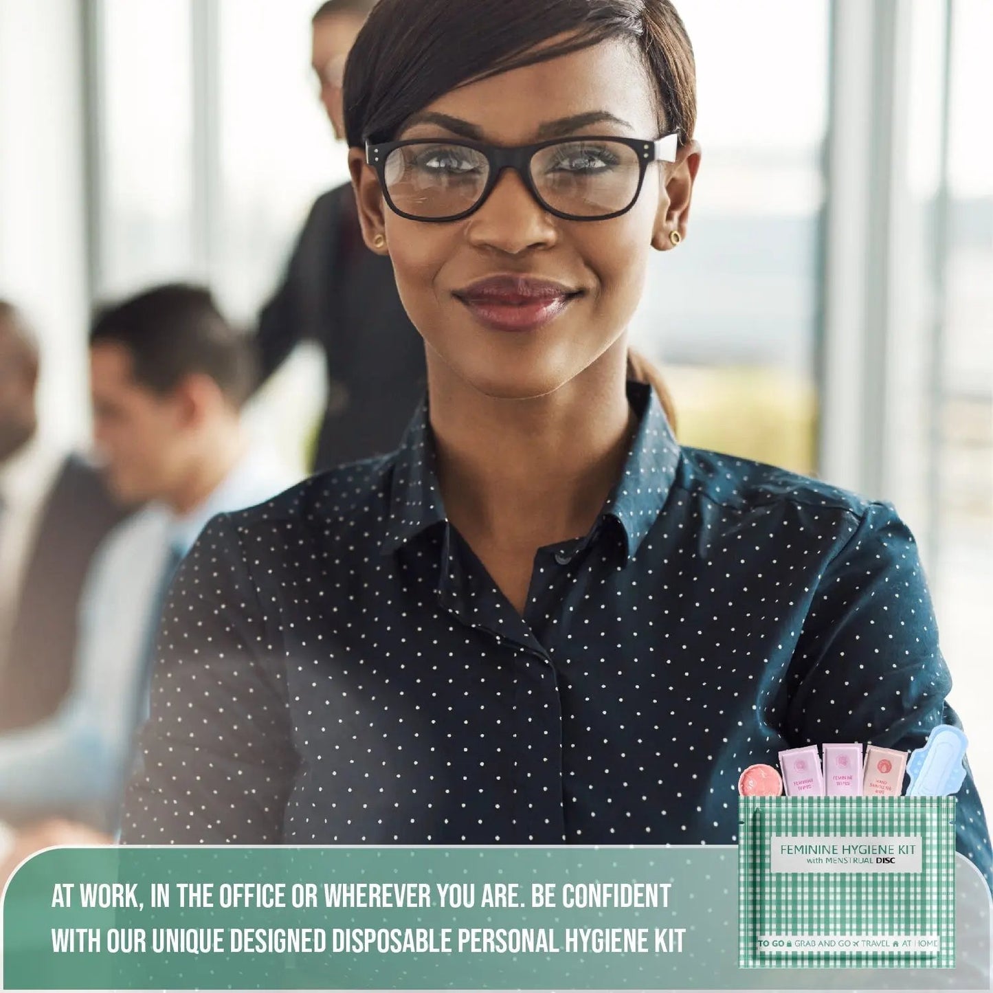 Professional woman smiling confidently with Menstrual Disc Kit, symbolizing clean, reliable period care at work.