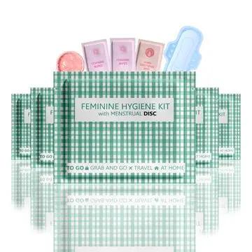Five Menstrual Disc Kit packages with bold purple checkered design labeled Feminine Hygiene Kit with Menstrual Disc.