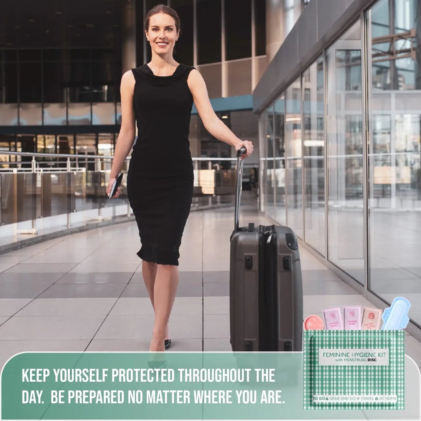 Traveler walking with luggage and Menstrual Disc Kit, promoting discreet period protection while on the go.