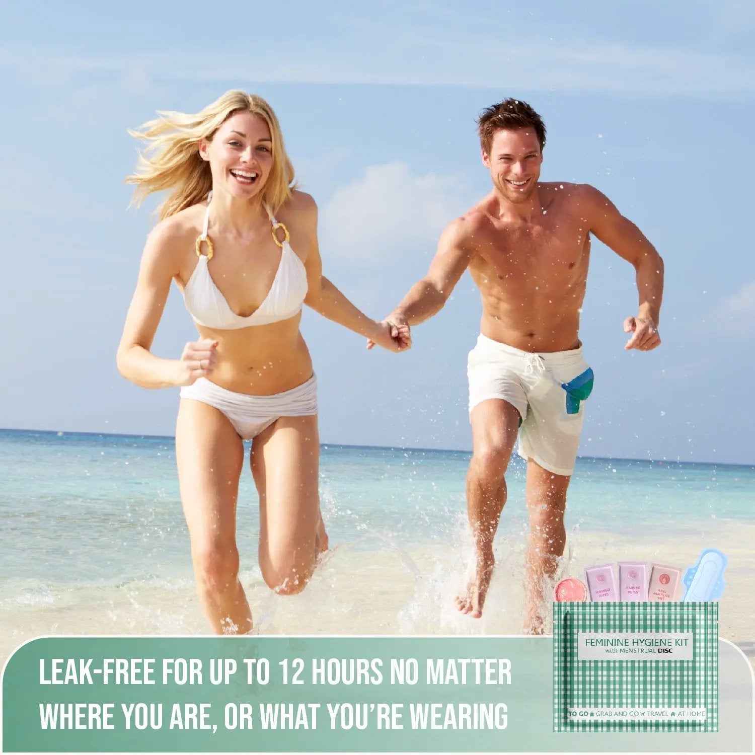 Couple running on beach with Menstrual Disc Kit displayed, promoting 12-hour leak-free period protection.
