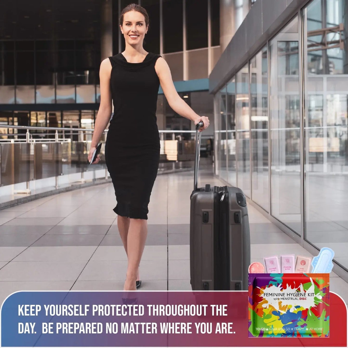 Traveler walking with luggage and Menstrual Disc Kit, promoting discreet period protection while on the go.