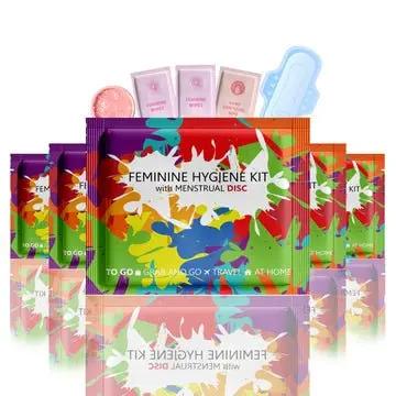 Five Menstrual Disc Kit packages with bold purple checkered design labeled Feminine Hygiene Kit with Menstrual Disc.