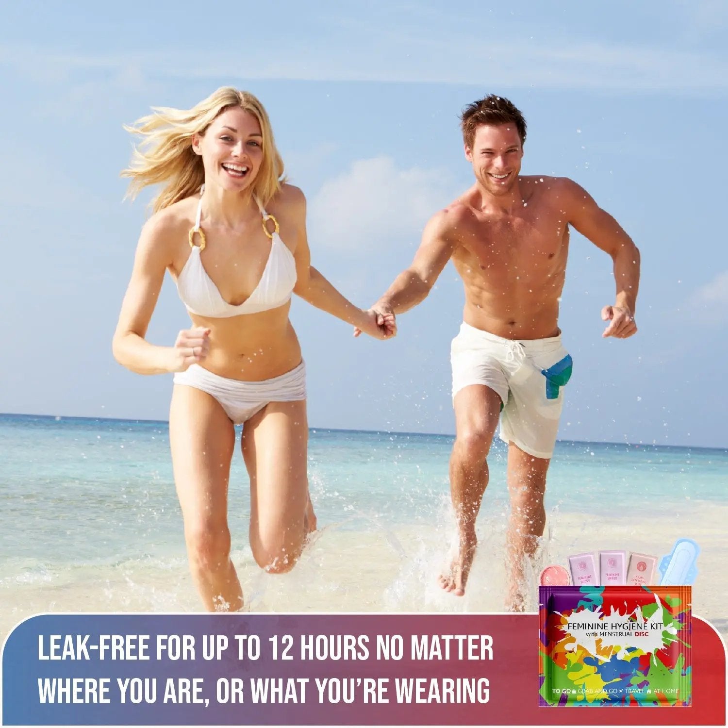 Couple running on beach with Menstrual Disc Kit displayed, promoting 12-hour leak-free period protection.
