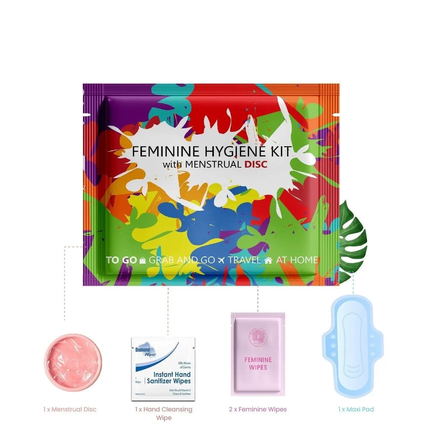 Contents of the Menstrual Disc Kit shown—menstrual disc, sanitary pad, feminine wipes, and alcohol hand wipe.