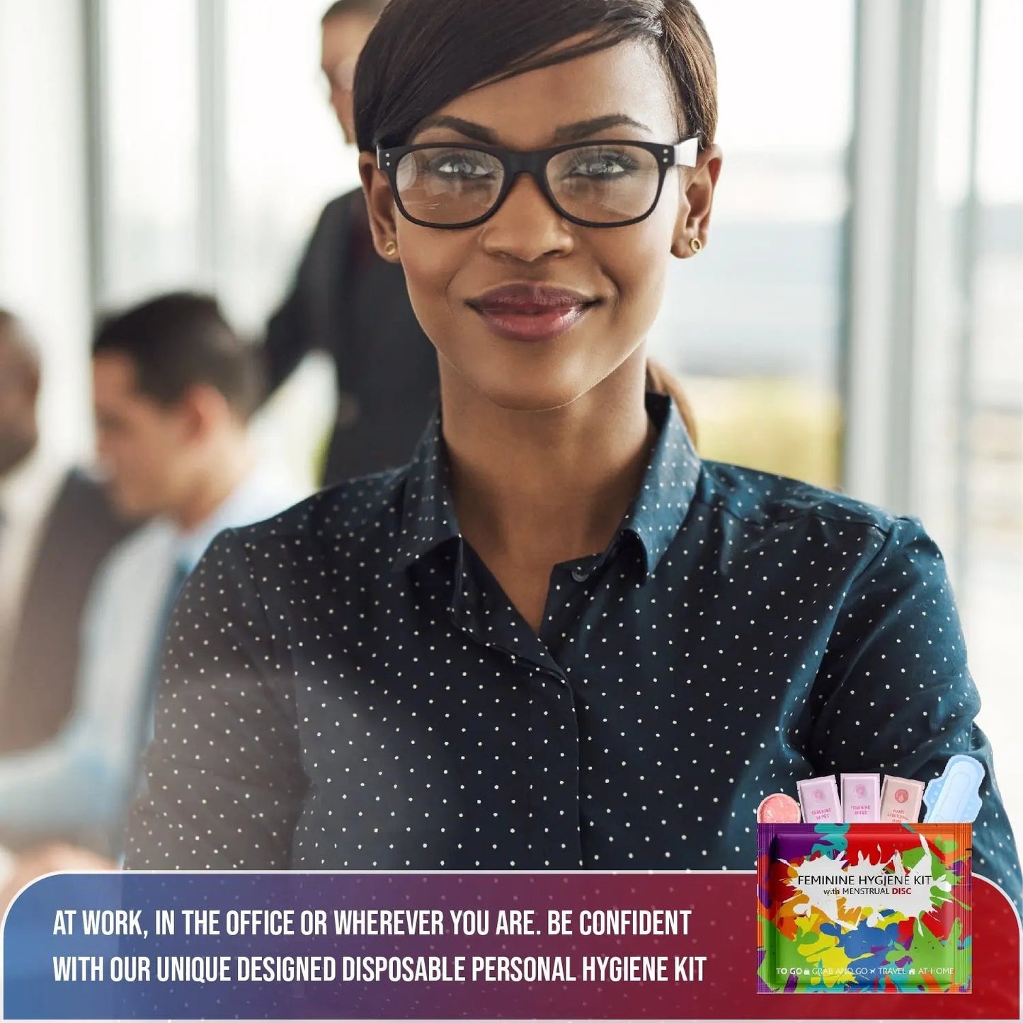 Professional woman smiling confidently with Menstrual Disc Kit, symbolizing clean, reliable period care at work.