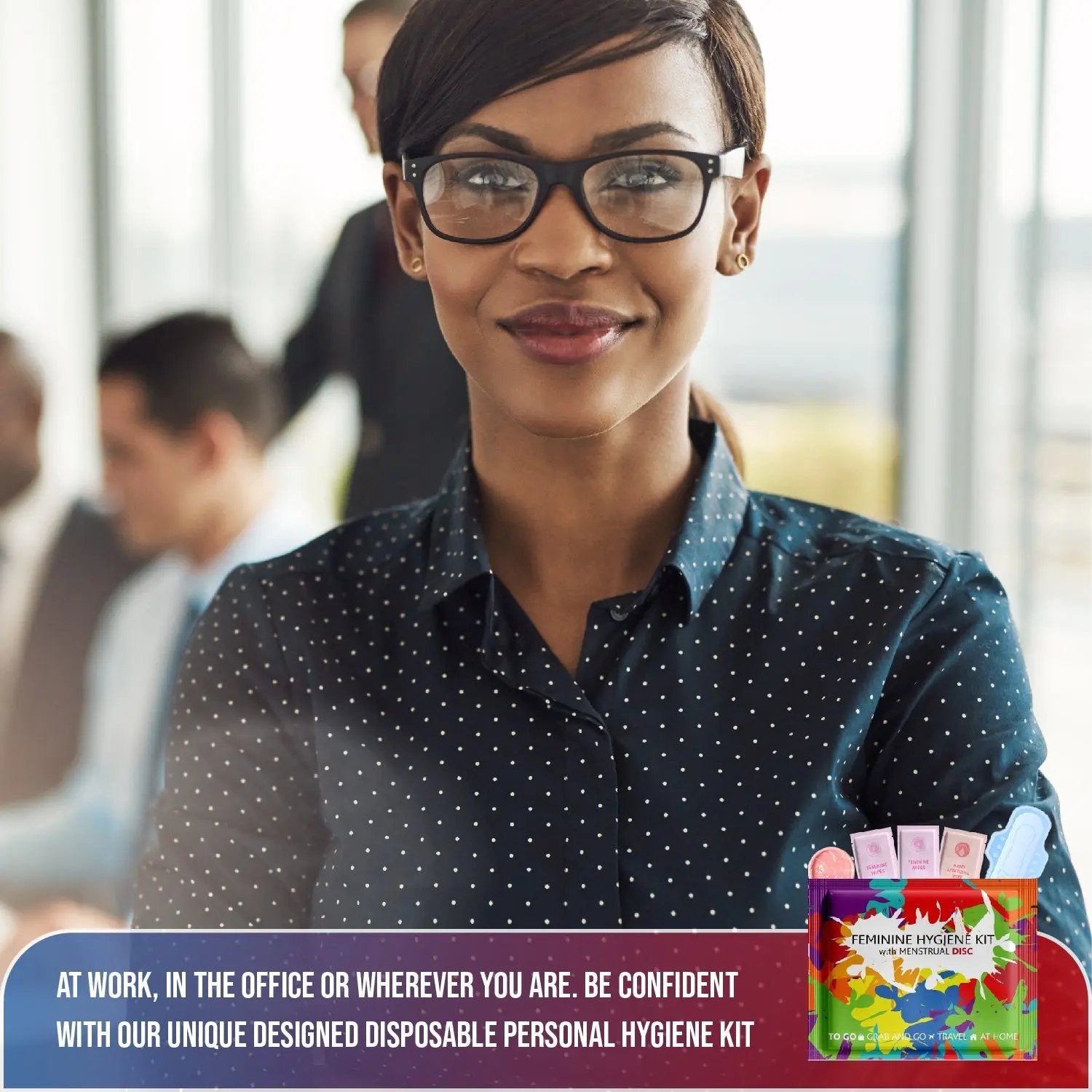 Professional woman smiling confidently with Menstrual Disc Kit, symbolizing clean, reliable period care at work.