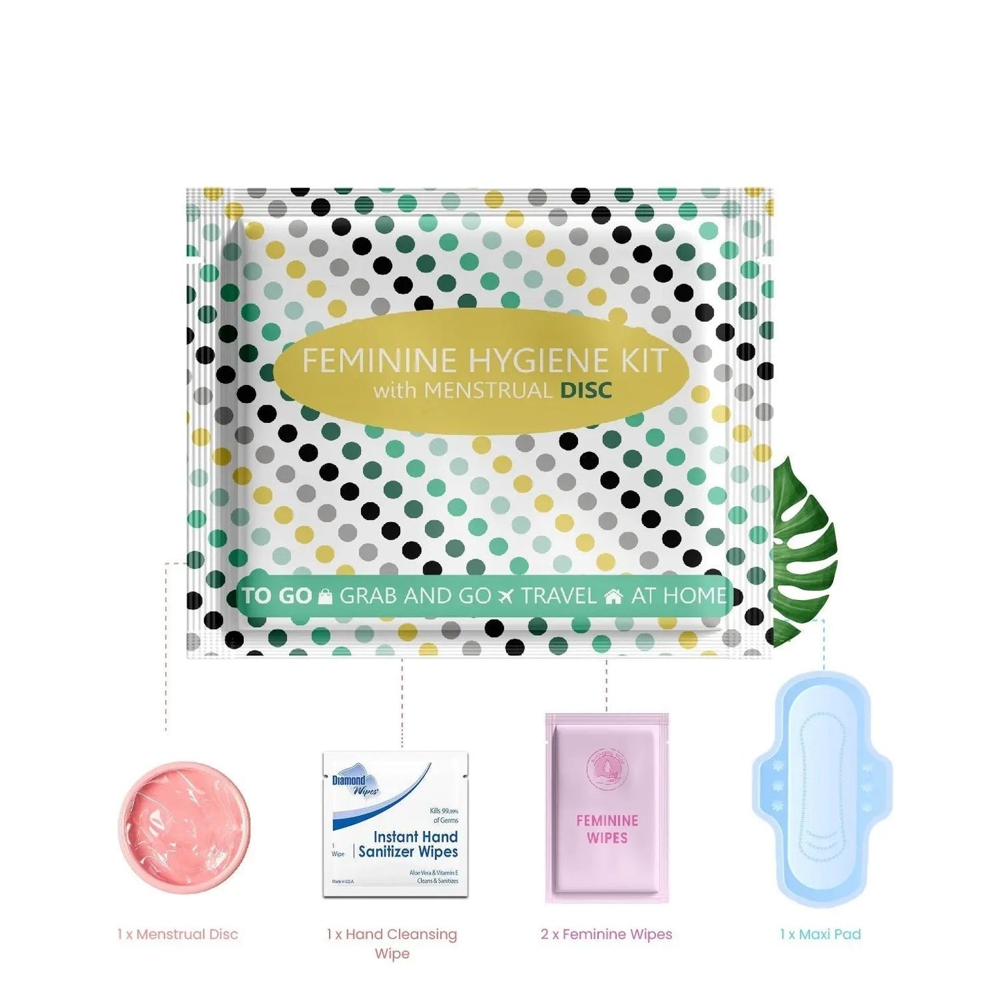 Contents of the Menstrual Disc Kit shown—menstrual disc, sanitary pad, feminine wipes, and alcohol hand wipe.