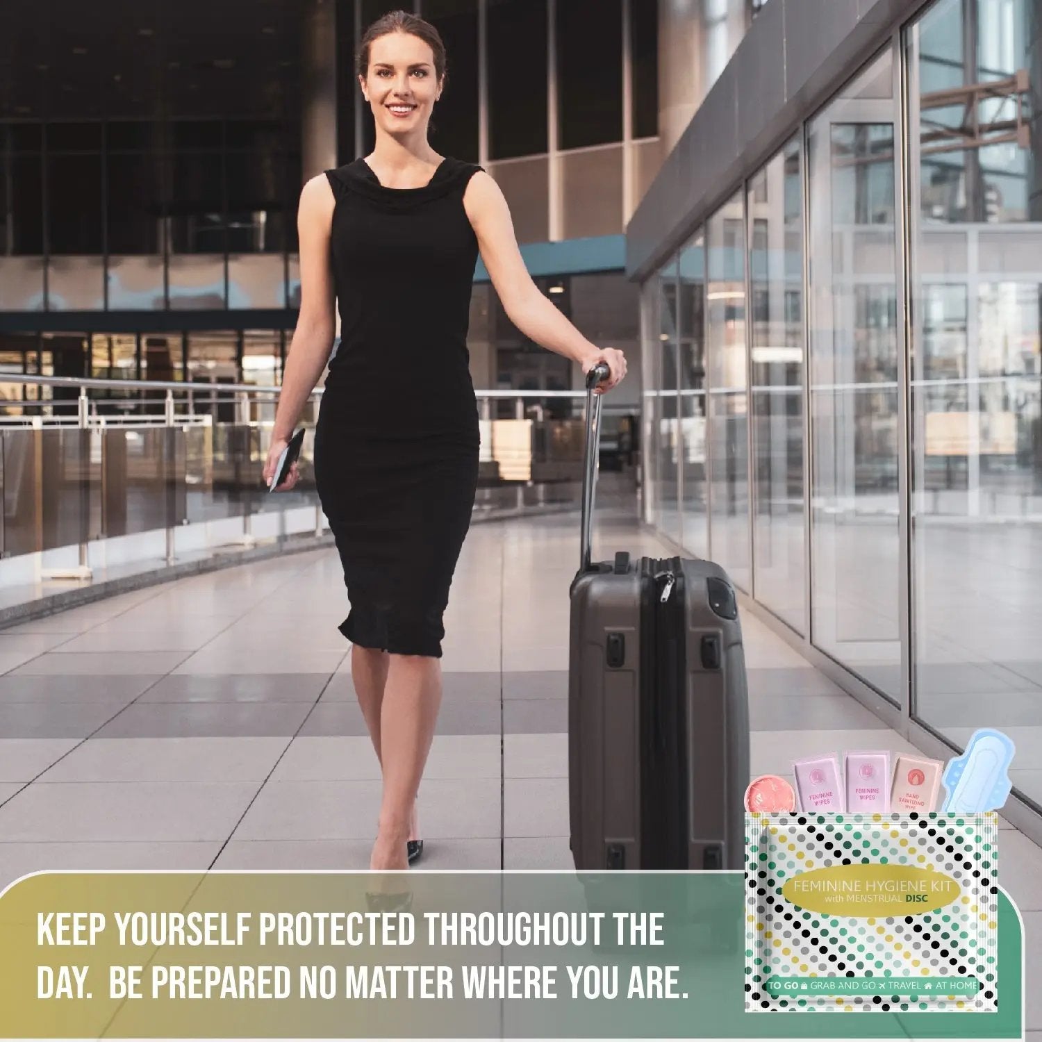 Traveler walking with luggage and Menstrual Disc Kit, promoting discreet period protection while on the go.