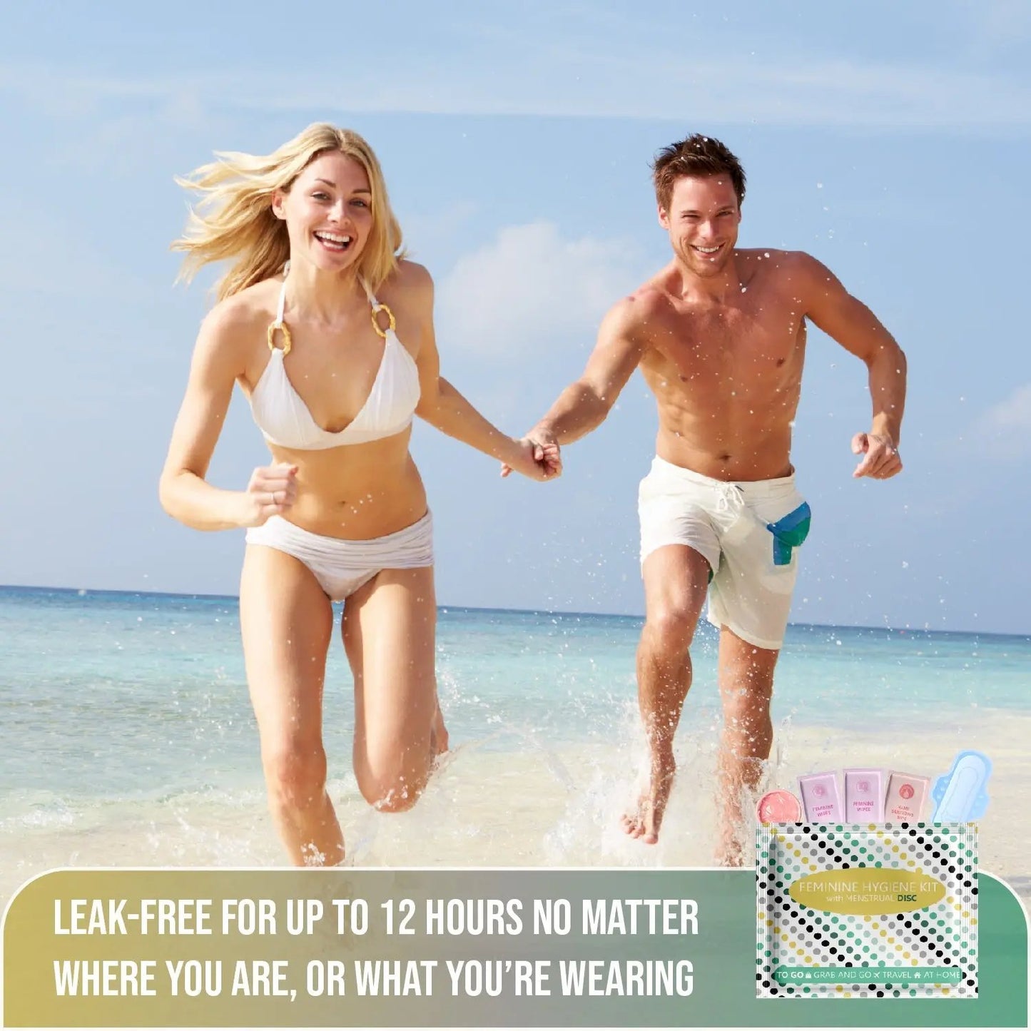 Couple running on beach with Menstrual Disc Kit displayed, promoting 12-hour leak-free period protection.