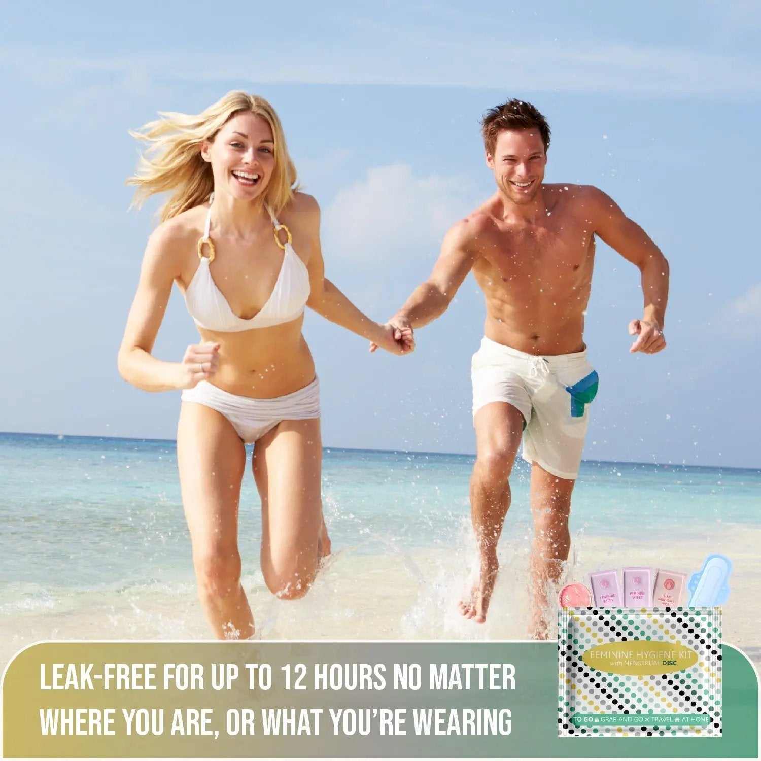 Couple running on beach with Menstrual Disc Kit displayed, promoting 12-hour leak-free period protection.