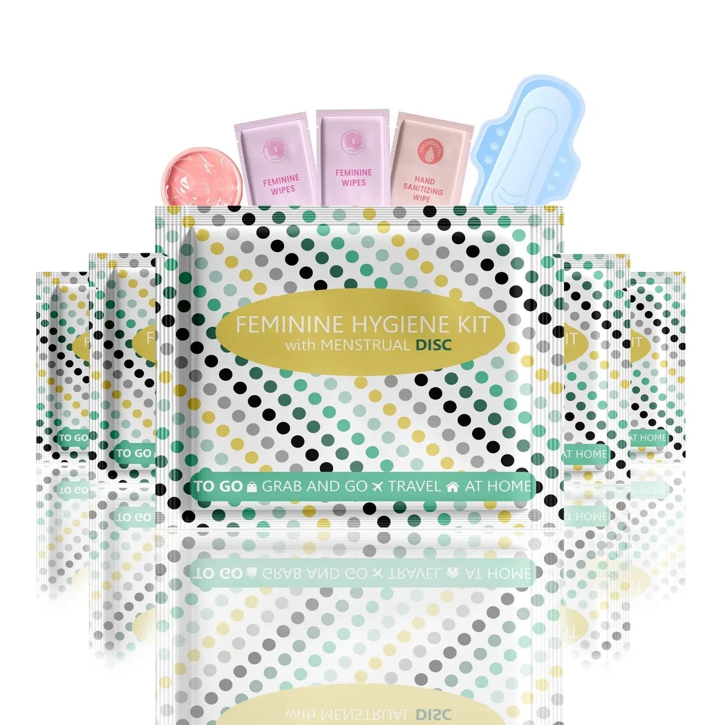 Five Single Menstrual Disc Kit packages with bold purple checkered design labeled Feminine Hygiene Kit with Menstrual Disc.