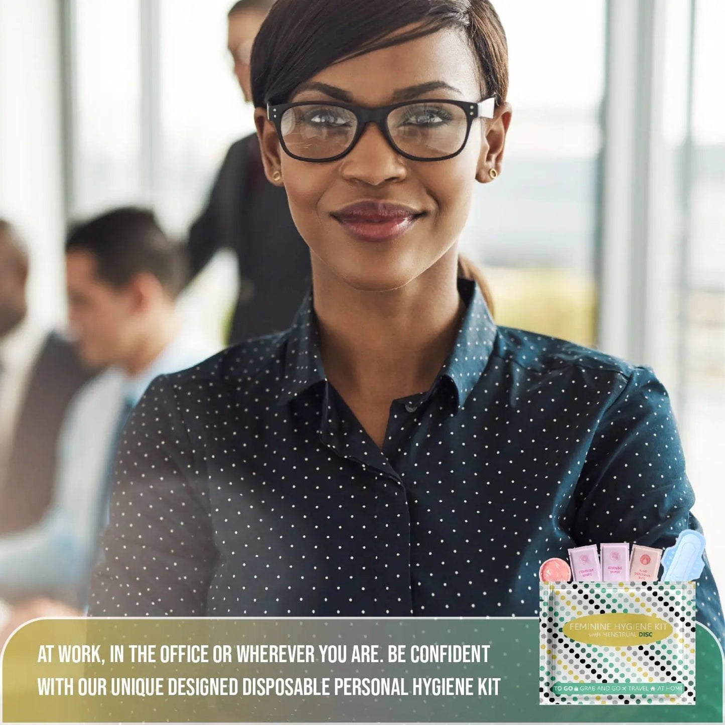 Professional woman smiling confidently with Menstrual Disc Kit, symbolizing clean, reliable period care at work.