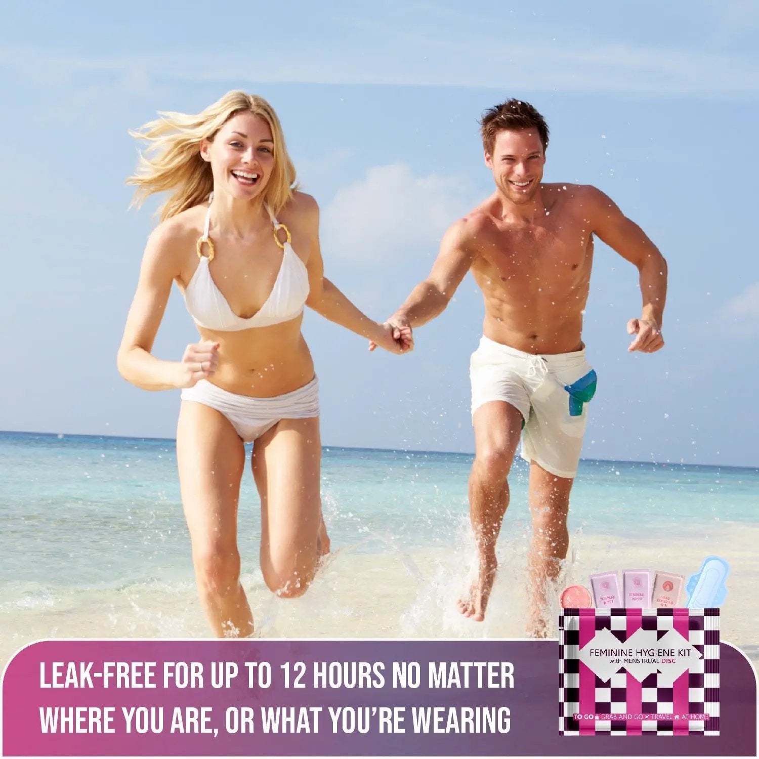 Couple running on beach with Menstrual Disc Kit displayed, promoting 12-hour leak-free period protection.