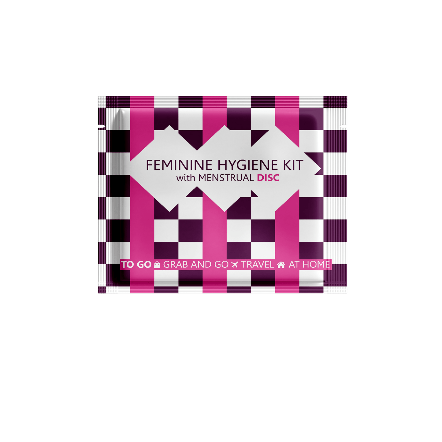 Single Menstrual Disc Kit package with bold purple checkered design labeled Feminine Hygiene Kit with Menstrual Disc.
