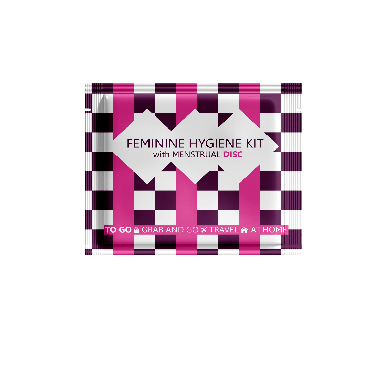 Single Menstrual Disc Kit package with bold purple checkered design labeled Feminine Hygiene Kit with Menstrual Disc.